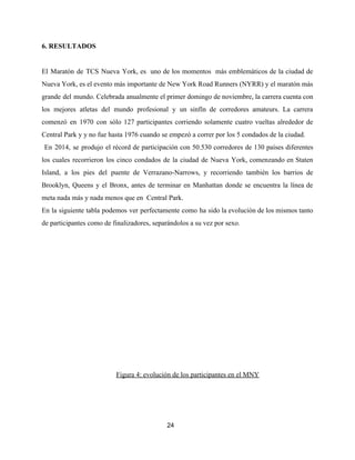 6. RESULTADOS
El Maratón de TCS Nueva York, es uno de los momentos más emblemáticos de la ciudad de
Nueva York, es el evento más importante de New York Road Runners (NYRR) y el maratón más
grande del mundo. Celebrada anualmente el primer domingo de noviembre, la carrera cuenta con
los mejores atletas del mundo profesional y un sinfín de corredores amateurs. La carrera
comenzó en 1970 con sólo 127 participantes corriendo solamente cuatro vueltas alrededor de
Central Park y y no fue hasta 1976 cuando se empezó a correr por los 5 condados de la ciudad.
En 2014, se produjo el récord de participación con 50.530 corredores de 130 países diferentes
los cuales recorrieron los cinco condados de la ciudad de Nueva York, comenzando en Staten
Island, a los pies del puente de Verrazano-Narrows, y recorriendo también los barrios de
Brooklyn, Queens y el Bronx, antes de terminar en Manhattan donde se encuentra la línea de
meta nada más y nada menos que en Central Park.
En la siguiente tabla podemos ver perfectamente como ha sido la evolución de los mismos tanto
de participantes como de finalizadores, separándolos a su vez por sexo.
Figura 4: evolución de los participantes en el MNY
24
 