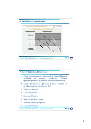 8
Simone Bacellar Leal Ferreira – simone@uniriotec.br UNIRIO
4. Habilidades do Administrador
Simone Bacellar Leal Ferreira – simone@uniriotec.br UNIRIO
5. As Atividades do Administrador
1. Cuidar de uma empresa ou de uma área funcional (área de
atividade) da empresa (marketing, finanças,
operações/produção ou serviços, recursos humanos etc.)
2. Cuidar de processos (processo é uma seqüência de
atividades que tem início meio e fim).
3. Utilizar tecnologias.
4. Lidar com pessoas.
5. Servir aos Clientes.
6. Alcançar objetivos e metas
7. Formular estratégias e planos.
8. Entregar resultados.
 