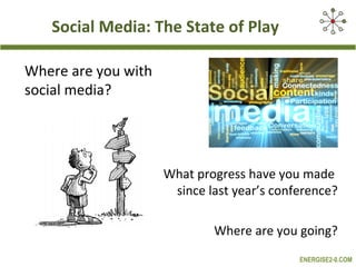 Social Media: The State of Play
Where are you with
social media?

What progress have you made
since last year’s conference?
Where are you going?
ENERGISE2-0.COM

 