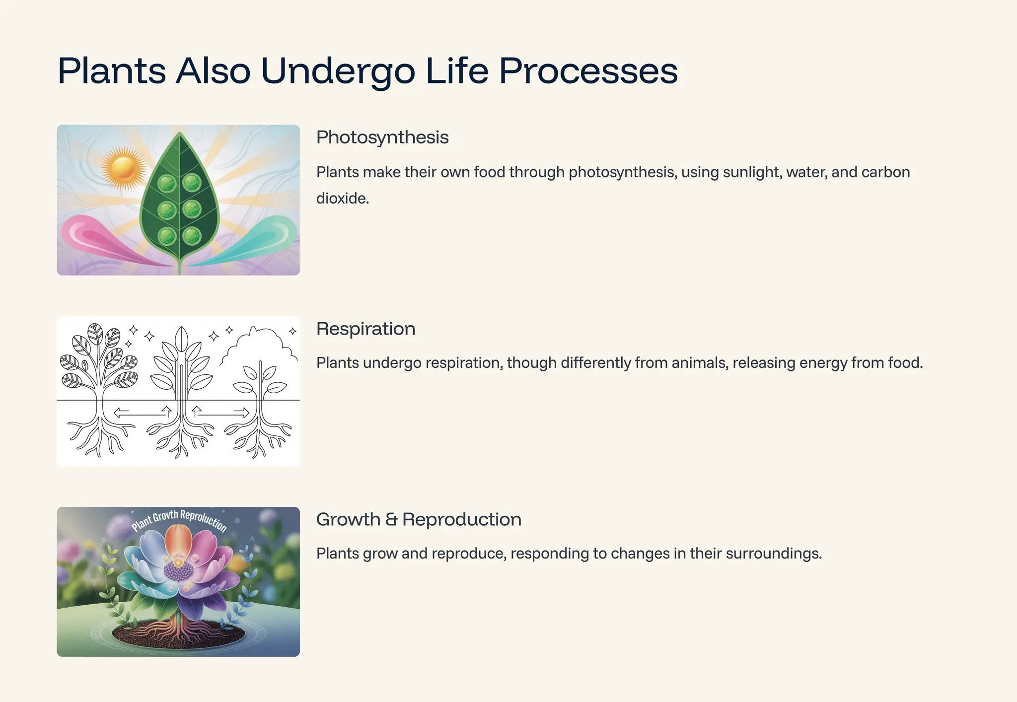 Plants Also Undergo Life Processes
Photosynthesis
Plants make their own food through photosynthesis, using sunlight, water, and carbon
dioxide.
Respiration
Plants undergo respiration, though differently from animals, releasing energy from food.
Growth & Reproduction
Plants grow and reproduce, responding to changes in their surroundings.
 
