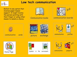 Low tech communication

Refers to any option that
involves paper based
support. It might involve
the person pointing with
their finger or using other
means to isolate a choice.
 