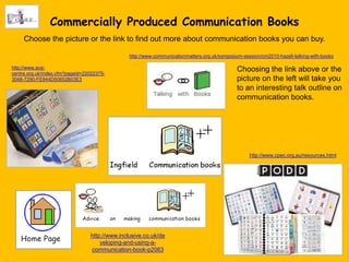 Commercially Produced Communication Books
     Choose the picture or the link to find out more about communication books you can buy.

                                                http://www.communicationmatters.org.uk/symposium-session/cm2010-hazell-talking-with-books

http://www.ace-                                                                               Choosing the link above or the
centre.org.uk/index.cfm?pageid=22022375-
3048-7290-FE844D50652B03E3                                                                    picture on the left will take you
                                                                                              to an interesting talk outline on
                                                                                              communication books.




                                                                                                    http://www.cpec.org.au/resources.html




                                 http://www.inclusive.co.uk/de
                                     veloping-and-using-a-
                                 communication-book-p2063
 