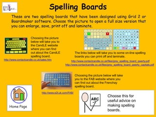 Spelling Boards
      These are two spelling boards that have been designed using Grid 2 or
      Boardmaker software. Choose the picture to open a full size version that
      you can enlarge, save, print off and laminate.


                      Choosing the picture
                      below will take you to
                      the CandLE website
                      where you can find
                      out about the CandLE                  The links below will take you to some on-line spelling
                      spelling board.                       boards you can print off and laminate.
http://www.contactcandle.co.uk/sales.htm
                                                        http://www.contactcandle.co.uk/files/grey_spelling_board_qwerty.pdf
                                                  http://www.contactcandle.co.uk/files/grey_spelling_board_qwerty_capitals.pdf



                                                            Choosing the picture below will take
                                                            you to the FAB website where you
                                                            can find out about the Frenchay
                                                            spelling board.

                               http://www.e2l.uk.com/FAB/
                                                                                      Choose this for
                                                                                      useful advice on
                                                                                      making spelling
                                                                                      boards.
 
