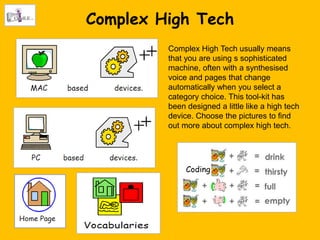 Complex High Tech
         Complex High Tech usually means
         that you are using s sophisticated
         machine, often with a synthesised
         voice and pages that change
         automatically when you select a
         category choice. This tool-kit has
         been designed a little like a high tech
         device. Choose the pictures to find
         out more about complex high tech.




              Coding
 