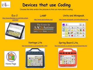Devices that use Coding
                         Choose the links and/or the pictures to find out more about coding.


             Eco 2                                          LAMP                               Unity and Minspeak.
http://www.liberator.co.uk/index.php/e
               co2.html                           http://www.aacinstitute.org/          http://www.minspeak.com/rel-software.php




                                         Vantage Lite                                   Spring Board Lite
                            http://www.liberator.co.uk/vantage-lite-1.html       http://www.liberator.co.uk/index.php/springboard-lite.html
 