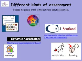 Different kinds of assessment
     Choose the picture or link to find out more about assessment.




                                       http://www.callscotland.org.uk/Resources
                                       /Quick-Guides/Assessment/


http://www.dynamicassessment.com/
 