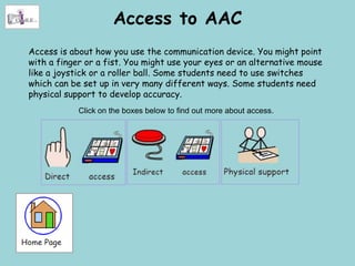 Access to AAC
Access is about how you use the communication device. You might point
with a finger or a fist. You might use your eyes or an alternative mouse
like a joystick or a roller ball. Some students need to use switches
which can be set up in very many different ways. Some students need
physical support to develop accuracy.
            Click on the boxes below to find out more about access.
 