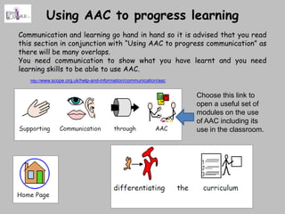 Using AAC to progress learning
Communication and learning go hand in hand so it is advised that you read
this section in conjunction with “Using AAC to progress communication” as
there will be many overlaps.
You need communication to show what you have learnt and you need
learning skills to be able to use AAC.
   http://www.scope.org.uk/help-and-information/communication/aac


                                                                    Choose this link to
                                                                    open a useful set of
                                                                    modules on the use
                                                                    of AAC including its
                                                                    use in the classroom.
 