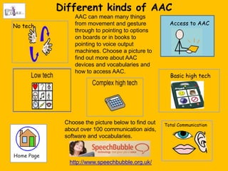 Different kinds of AAC
               AAC can mean many things
No tech        from movement and gesture            Access to AAC
               through to pointing to options
               on boards or in books to
               pointing to voice output
               machines. Choose a picture to
               find out more about AAC
               devices and vocabularies and
               how to access AAC.
                                                    Basic high tech




           Choose the picture below to find out   Total Communication
           about over 100 communication aids,
           software and vocabularies.



            http://www.speechbubble.org.uk/
 