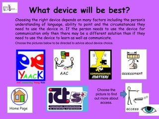 What device will be best?
Choosing the right device depends on many factors including the person‟s
understanding of language, ability to point and the circumstances they
need to use the device in. If the person needs to use the device for
communication only then there may be a different solution than if they
need to use the device to learn as well as communicate.
Choose the pictures below to be directed to advice about device choice.




                                                           Choose the
                                                          picture to find
                                                         out more about
                                                             access.
 
