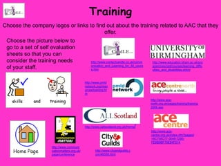 Training
Choose the company logos or links to find out about the training related to AAC that they
                                         offer.
 Choose the picture below to
 go to a set of self evaluation
 sheets so that you can
 consider the training needs                    http://www.contactcandle.co.uk/comm     http://www.education.bham.ac.uk/pro
                                                unication_and_Learning_for_All_cours    grammes/cpd/courses/learning_diffic
 of your staff.                                 e.htm                                   ulties_and_disabilities.shtml



                                            http://www.pmld
                                            network.org/reso
                                            urces/training.ht
                                            m

                                                                                       http://www.ace-
                                                                                       north.org.uk/pages/training/training
                                                                                       2006.asp




                                            http://www.callscotland.org.uk/Home   /
                                                                                       http://www.ace-
                                                                                       centre.org.uk/index.cfm?pageid
                                                                                       =8C758C77-3048-7290-
                                                                                       FE8B9BF79E84F514
                    http://www.communi
                    cationmatters.org.uk/          http://www.cityandguilds.c
                    page/conference                om/46559.html
 