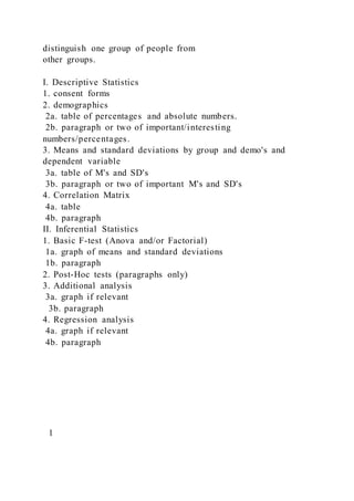 distinguish one group of people from
other groups.
I. Descriptive Statistics
1. consent forms
2. demographics
2a. table of percentages and absolute numbers.
2b. paragraph or two of important/interesting
numbers/percentages.
3. Means and standard deviations by group and demo's and
dependent variable
3a. table of M's and SD's
3b. paragraph or two of important M's and SD's
4. Correlation Matrix
4a. table
4b. paragraph
II. Inferential Statistics
1. Basic F-test (Anova and/or Factorial)
1a. graph of means and standard deviations
1b. paragraph
2. Post-Hoc tests (paragraphs only)
3. Additional analysis
3a. graph if relevant
3b. paragraph
4. Regression analysis
4a. graph if relevant
4b. paragraph
1
 