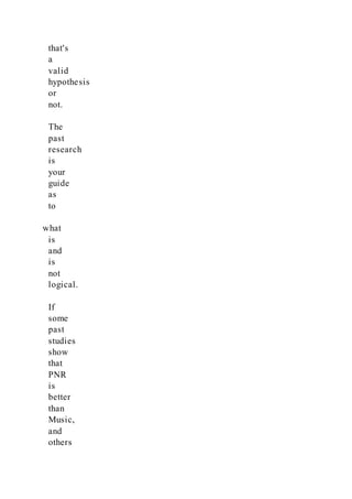 that's
a
valid
hypothesis
or
not.
The
past
research
is
your
guide
as
to
what
is
and
is
not
logical.
If
some
past
studies
show
that
PNR
is
better
than
Music,
and
others
 