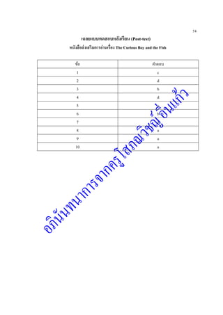 54
เฉลยแบบทดสอบหลังเรียน (Post-test)
หนังสือส่งเสริมการอ่านเรื่อง The Curious Boy and the Fish
ข้อ คาตอบ
1 c
2 d
3 b
4 d
5 c
6 b
7 a
8 a
9 a
10 a
 