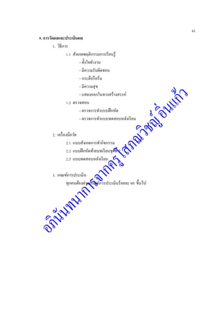41
9. การวัดผลและประเมินผล
1. วิธีการ
1.1 สังเกตพฤติกรรมการเรียนรู้
- ตั้งใจทางาน
- มีความรับผิดชอบ
- กระตือรือร้น
- มีความสุข
- แสดงออกในทางสร้างสรรค์
1.2 ตรวจสอบ
- ตรวจการทาแบบฝึกหัด
- ตรวจการทาแบบทดสอบหลังเรียน
2. เครื่องมือวัด
2.1 แบบสังเกตการทากิจกรรม
2.2 แบบฝึกหัดท้ายบทเรียนชุดที่ 2
2.3 แบบทดสอบหลังเรียน
3. เกณฑ์การประเมิน
ทุกคนต้องผ่านเกณฑ์การประเมินร้อยละ 80 ขึ้นไป
 
