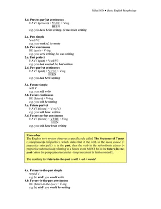 Mihai ION ● Basic English Morphology
1.d. Present perfect continuous
HAVE (present) + V3/BE + Ving
BEEN
e.g. you have been writing, he has been writing
2.a. Past simple
V-ed/V2
e.g. you worked, he wrote
2.b. Past continuous
BE (past) + V-ing
e.g. you were writing, he was writing
2.c. Past perfect
HAVE (past) + V-ed/V3
e.g. you had worked, he had written
2.d. Past perfect continuous
HAVE (past) + V3/BE + Ving
BEEN
e.g. you had been writing
3.a. Future simple
will V
e.g. you will write
3.b. Future continuous
BE (future) + V-ing
e.g. you will be writing
3.c. Future perfect
HAVE (future) + V-ed/V3
e.g. you will have written
3.d. Future perfect continuous
HAVE (future) + V3/BE + Ving
BEEN
e.g. you will have been writing
4.a. Future-in-the-past simple
would V
e.g. he said/ you would write
4.b. Future-in-the-past continuous
BE (future-in-the-past) + V-ing
e.g. he said/ you would be writing
Remember
The English verb system observes a specific rule called The Sequence of Tenses
(Corespondenţa timpurilor), which states that if the verb in the main clause (=
propoziţie principală) is in the past, then the verb in the subordinate clause (=
propoziţie subordonată) referring to a future event MUST be in the future-in-the-
past (viitor din perspectiva trecutului - timp inexistent în limba română!).
The auxiliary for future-in-the-past is will + -ed = would
 
