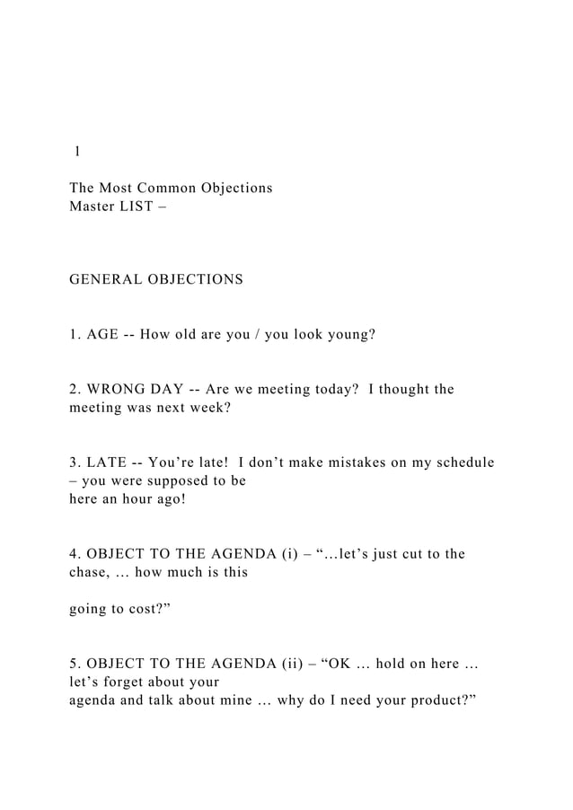 1 The Most Common Objections Master LIST G.docx