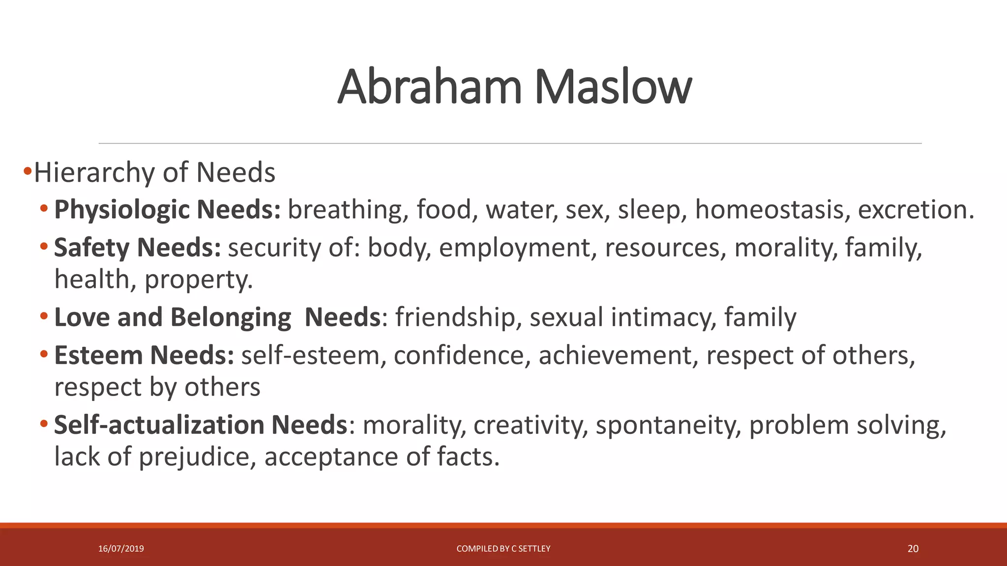 Abraham Maslow
•Hierarchy of Needs
• Physiologic Needs: breathing, food, water, sex, sleep, homeostasis, excretion.
• Safety Needs: security of: body, employment, resources, morality, family,
health, property.
• Love and Belonging Needs: friendship, sexual intimacy, family
• Esteem Needs: self-esteem, confidence, achievement, respect of others,
respect by others
• Self-actualization Needs: morality, creativity, spontaneity, problem solving,
lack of prejudice, acceptance of facts.
16/07/2019 COMPILEDBY C SETTLEY 20
 