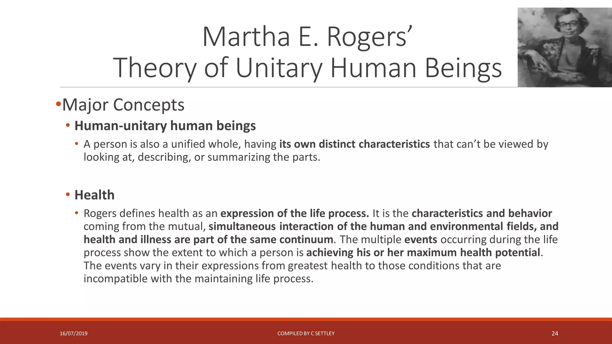 Martha E. Rogers’
Theory of Unitary Human Beings
•Major Concepts
• Human-unitary human beings
• A person is also a unified whole, having its own distinct characteristics that can’t be viewed by
looking at, describing, or summarizing the parts.
• Health
• Rogers defines health as an expression of the life process. It is the characteristics and behavior
coming from the mutual, simultaneous interaction of the human and environmental fields, and
health and illness are part of the same continuum. The multiple events occurring during the life
process show the extent to which a person is achieving his or her maximum health potential.
The events vary in their expressions from greatest health to those conditions that are
incompatible with the maintaining life process.
16/07/2019 COMPILEDBY C SETTLEY 24
 