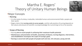 Martha E. Rogers’
Theory of Unitary Human Beings
•Major Concepts
• Nursing
• It is the study of unitary, irreducible, indivisible human and environmental fields: people and
their world.
• Rogers claims that nursing exists to serve people, and the safe practice of nursing depends on
the nature and amount of scientific nursing knowledge the nurse brings to his or her practice
• Scope of Nursing
• Nursing aims to assist people in achieving their maximum health potential.
• Maintenance and promotion of health, prevention of disease, nursing diagnosis, intervention,
and rehabilitation encompass the scope of nursing’s goals.
• Nursing is concerned with people-all people-well and sick, rich and poor, young and old.
16/07/2019 COMPILEDBY C SETTLEY 25
 