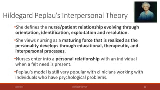 Hildegard Peplau’s Interpersonal Theory
•She defines the nurse/patient relationship evolving through
orientation, identification, exploitation and resolution.
•She views nursing as a maturing force that is realized as the
personality develops through educational, therapeutic, and
interpersonal processes.
•Nurses enter into a personal relationship with an individual
when a felt need is present.
•Peplau's model is still very popular with clinicians working with
individuals who have psychological problems.
16/07/2019 COMPILEDBY C SETTLEY 33
 