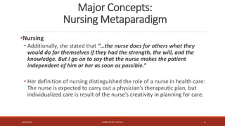 Major Concepts:
Nursing Metaparadigm
•Nursing
• Additionally, she stated that “…the nurse does for others what they
would do for themselves if they had the strength, the will, and the
knowledge. But I go on to say that the nurse makes the patient
independent of him or her as soon as possible.”
• Her definition of nursing distinguished the role of a nurse in health care:
The nurse is expected to carry out a physician’s therapeutic plan, but
individualized care is result of the nurse’s creativity in planning for care.
16/07/2019 COMPILEDBY C SETTLEY 9
 
