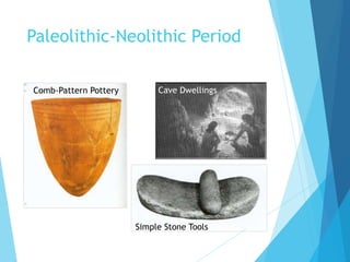 Paleolithic-Neolithic Period
Cave Dwellings
Simple Stone Tools
Comb-Pattern Pottery
 