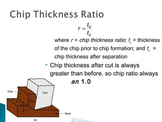 where r = chip thickness ratio; to
= thickness
of the chip prior to chip formation; and tc
=
chip thickness after separation
 Chip thickness after cut is always
greater than before, so chip ratio always
less than 1.0
c
o
t
t
r =
 