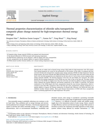 Contents lists available at ScienceDirect
Applied Energy
journal homepage: www.elsevier.com/locate/apenergy
Thermal properties characterization of chloride salts/nanoparticles
composite phase change material for high-temperature thermal energy
storage
Dongmei Hana,b
, Bachirou Guene Lougoua,b,⁎
, Yantao Xua,b
, Yong Shuaia,b,⁎
, Xing Huangc
a
Key Laboratory of Aerospace Thermophysics, Ministry of Industry and Information Technology, Harbin Institute of Technology, 92 West Dazhi Street, Harbin 150001, PR
China
b
School of Energy Science and Engineering, Harbin Institute of Technology, 92 West Dazhi Street, Harbin 150001, PR China
c
College of Metallurgy and Energy, North China University of Science and Technology, 21 Bohai Street, Tangshan 063009, PR China
H I G H L I G H T S
• Composite phase change material (CPCM) was prepared and characterized.
• The thermal diﬀusivity of CPCM increased with increasing temperature.
• CPCM thermal conductivity can be enhanced ≥48% by doping with Al2O3 nanoparticles.
• Al2O3 nanoparticles was the optimal additive to improve thermal properties.
• CPCMs showed excellent thermal stability over a broad working temperature range.
A R T I C L E I N F O
Keywords:
Composite phase change materials
Ternary chloride salts
Nanoparticles
Thermal property
Thermal energy storage
A B S T R A C T
Chloride salts are widely used as thermal energy storage (TES) media for high-temperature solar TES systems.
Their thermal properties are crucial for the performance of TES systems. In this study, we prepared and char-
acterized chloride salts/nanoparticles composite phase change materials (CPCMs) for high-temperature thermal
energy storage. The ternary chloride salts (MgCl2:KCl:NaCl with 51:22:27 molar ratio) were used as base salt and
Al2O3, CuO, and ZnO nanoparticles were dispersed into the base salt at 0.7 wt% to form various composite phase
change materials (CPCMs). The thermal properties of the base salt and CPCMs were measured. The results
showed that the melting temperature of the CPCMs was very close to that of the base salt. The phase change
latent heat of the CPCMs was slightly lower than that of the base salt while the addition of dopant nanoparticles
clearly enhanced the thermal diﬀusivity and thermal conductivity of the CPCMs. In particular, the thermal
conductivity of the CPCM doped with Al2O3 nanoparticles showed the most obvious enhancement, which in-
creased by more than 48%, compared to that of the base salt. Al2O3 nanoparticles could be considered as an
optimal additive to improve the thermal conductivity of chloride salts. Moreover, the CPCM with Al2O3 also
exhibited excellent thermal stability. These good thermal characteristics of CPCM with Al2O3 nanoparticles
endow it promising applications for high-temperature TES system.
1. Introduction
Non-renewable energy is gradually reducing as we continue to rely
on fossil fuels. Thus, problems such as energy shortage and environ-
mental pollution have emerged. Therefore, it has become important and
urgent to develop and utilize renewable energy [1,2]. With favorable
characteristics, such as environmental friendliness, availability and
abundant sources, solar energy is considered a promising renewable
energy source that has a wide range of applications in power generation
[3,4]. However, it is diﬃcult to provide a stable and reliable energy
supply due to the intermittent nature of solar energy. Hence, research
on high eﬃciency and low-cost thermal energy storage (TES) systems is
necessary to ensure the continuous and stable operation of solar power
systems without being aﬀected by weather ﬂuctuations [5]. TES
https://doi.org/10.1016/j.apenergy.2020.114674
Received 12 December 2019; Received in revised form 10 February 2020; Accepted 13 February 2020
⁎
Corresponding authors at: Key Laboratory of Aerospace Thermophysics, Ministry of Industry and Information Technology, Harbin Institute of Technology, 92
West Dazhi Street, Harbin 150001, PR China.
E-mail addresses: bachguelou@yahoo.fr (B. Guene Lougou), shuaiyong@hit.edu.cn (Y. Shuai).
Applied Energy 264 (2020) 114674
0306-2619/ © 2020 Published by Elsevier Ltd.
T
 