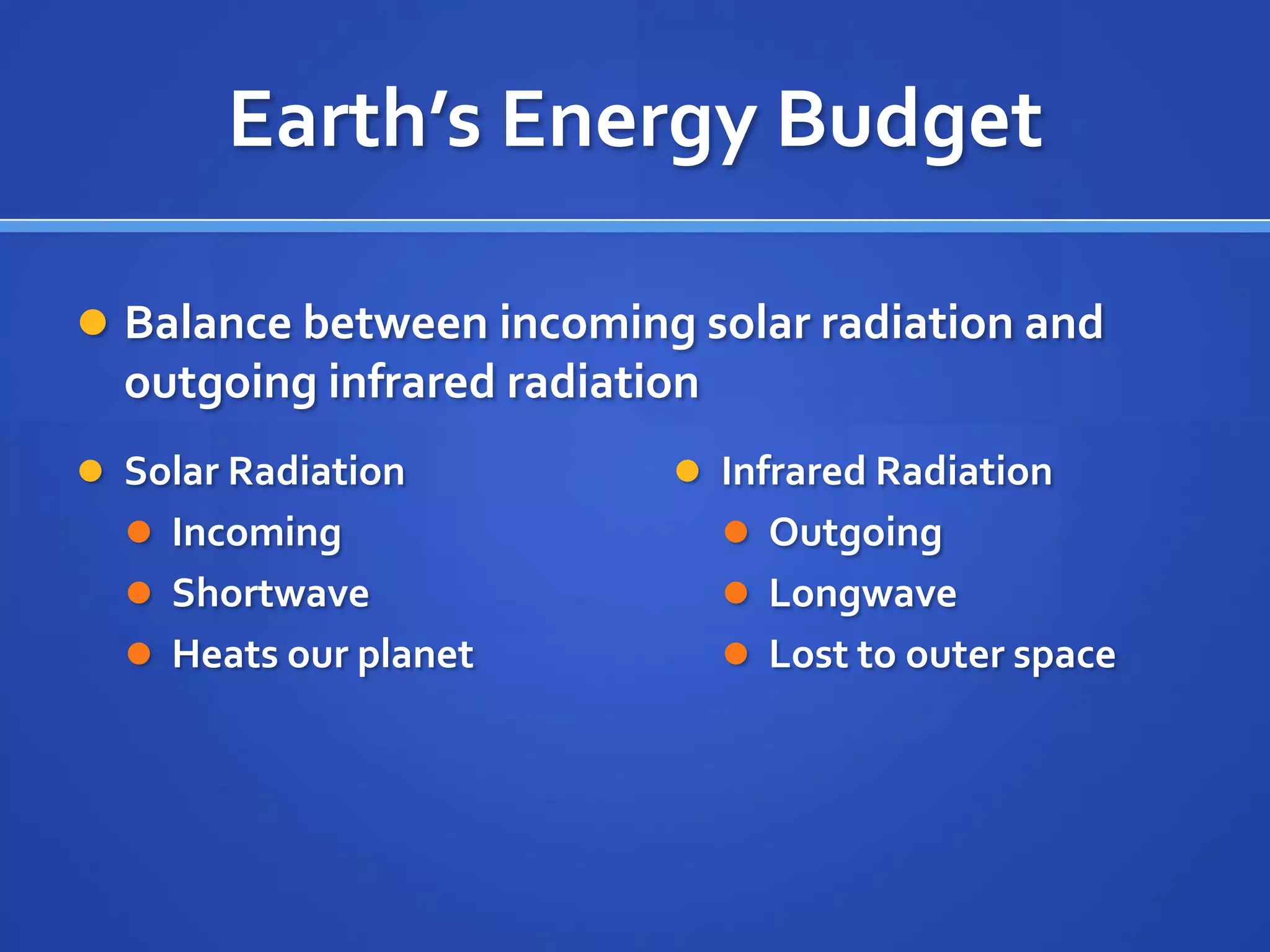 Earth’s Energy Budget

 Balance between incoming solar radiation and
  outgoing infrared radiation
 Solar Radiation           Infrared Radiation
   Incoming                     Outgoing
   Shortwave                    Longwave
   Heats our planet             Lost to outer space
 