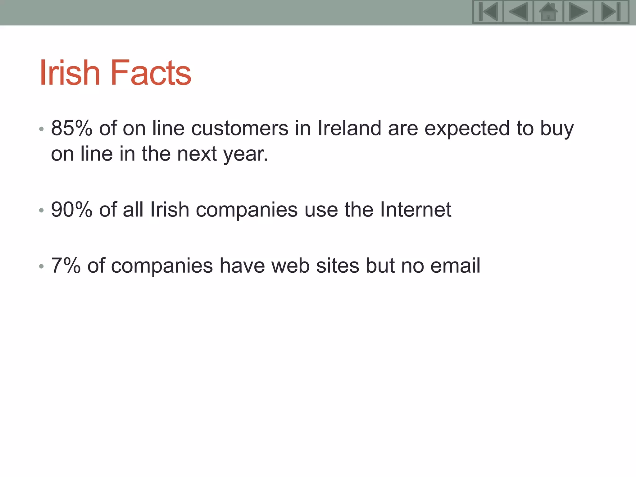 10



Irish Facts
• 85% of on line customers in Ireland are expected to buy
 on line in the next year.

• 90% of all Irish companies use the Internet


• 7% of companies have web sites but no email
 