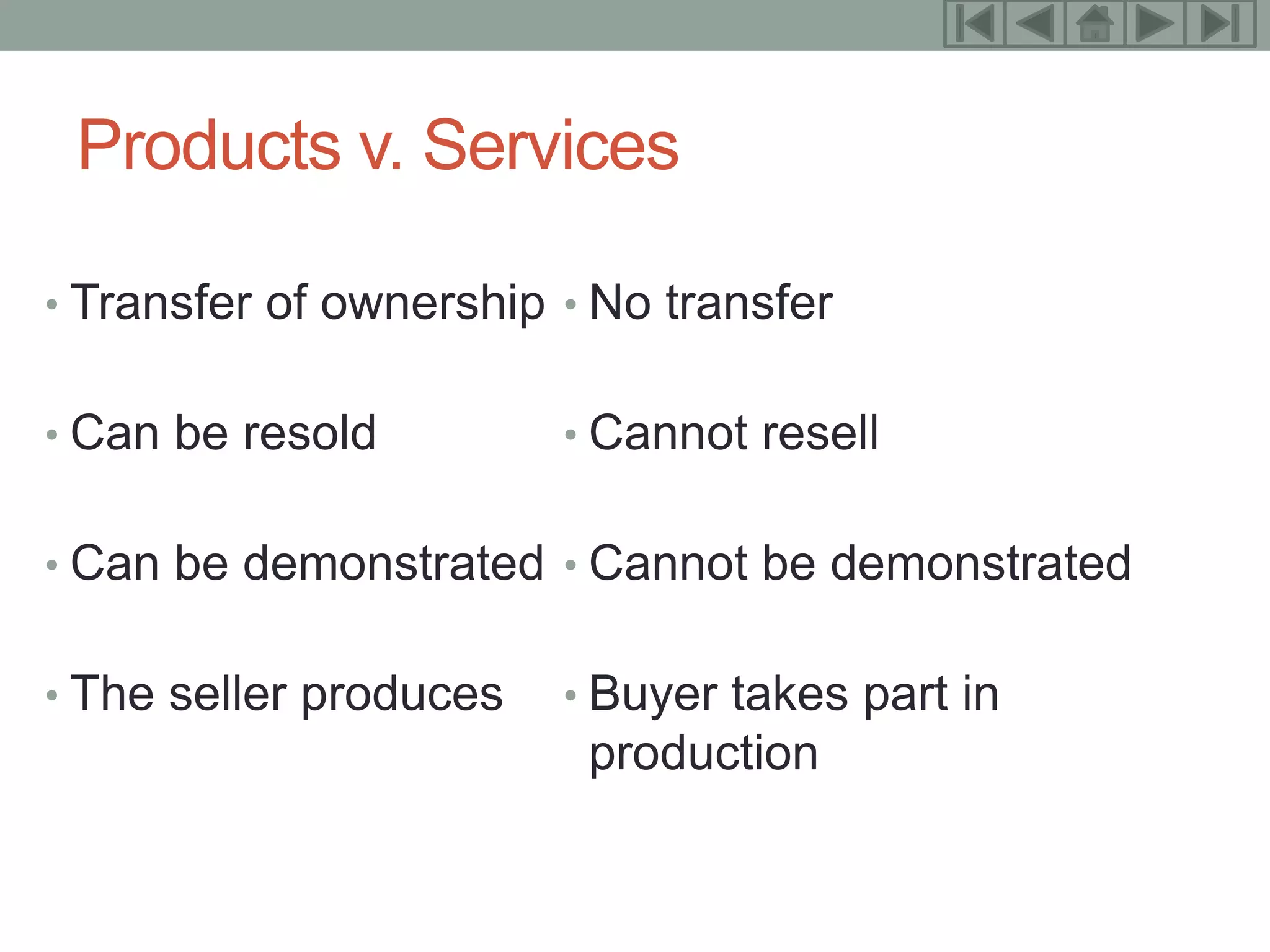 20



 Products v. Services

• Transfer of ownership • No transfer


• Can be resold         • Cannot resell


• Can be demonstrated • Cannot be demonstrated


• The seller produces   • Buyer takes part in
                         production
 