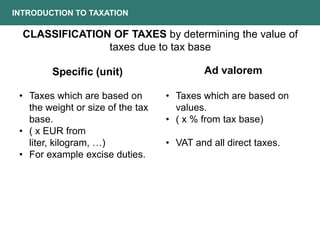 INTRODUCTION TO TAXATION
CLASSIFICATION OF TAXES by determining the value of
taxes due to tax base
• Taxes which are based on
the weight or size of the tax
base.
• ( x EUR from
liter, kilogram, …)
• For example excise duties.
• Taxes which are based on
values.
• ( x % from tax base)
• VAT and all direct taxes.
Ad valorem
Specific (unit)
 