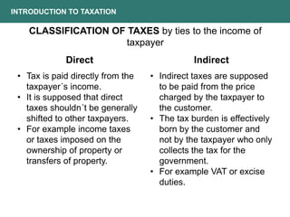 INTRODUCTION TO TAXATION
CLASSIFICATION OF TAXES by ties to the income of
taxpayer
• Tax is paid directly from the
taxpayer´s income.
• It is supposed that direct
taxes shouldn´t be generally
shifted to other taxpayers.
• For example income taxes
or taxes imposed on the
ownership of property or
transfers of property.
• Indirect taxes are supposed
to be paid from the price
charged by the taxpayer to
the customer.
• The tax burden is effectively
born by the customer and
not by the taxpayer who only
collects the tax for the
government.
• For example VAT or excise
duties.
Indirect
Direct
 