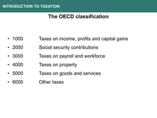 INTRODUCTION TO TAXATION
The OECD classification
• 1000 Taxes on income, profits and capital gains
• 2000 Social security contributions
• 3000 Taxes on payroll and workforce
• 4000 Taxes on property
• 5000 Taxes on goods and services
• 6000 Other taxes
 