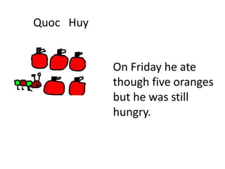 Quoc Huy
On Friday he ate
though five oranges
but he was still
hungry.
 