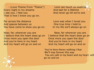 - (Love Theme From "Titanic")          Love can touch us onetime
Every night in my dreams                  And last for a lifetime
I see you. I feel you                     And never go till we’re one
That is how I know you go on.

Far across the distance                   Love was when I loved you
And spaces between us                     One true time i hold to
You have come to show you go on.         In my life we’ll always go on

Near, far, wherever you are                 Near, far wherever you are
I believe that the heart does go on   I believe that the heart does go on
Once more you open the door           Once more you open the door
And you're here in my heart           And you’re here in my heart
And my heart will go on and on        And my heart will go on and on

                                  You’re here theres nothing I fear
                                  We’ll stay forever this way
                                   You are safe in my heart and my heart will
                                  go on and on
 