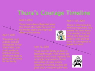 Thura’s Courage Timeline
                April 4, 2003                                 April 17-21, 2003
                Thura has to leave Baghdad when               Thura is interviewed by
                she knows she might not ever see              American reporters. She
                her friends again and might get               speaks her mind about
                killed on the journey.                        how people in Iraq are
April 1 2003                                                  felling. She feel great
Thura has to go                                               pride in what she has
outside and get                                               done. Is courageous to
necessities for her                                           speak her mind.
family when she                 April 12, 2003
could easily be                 Thura and her family go back to
bombed or shot.                 Baghdad though Thura thinks the
Shows courage by                Americans who have captured the
going out anyways               city might be monsters. She is
for her family.                 also afraid of crazy looters
                                stealing everything, but she still
                                goes back, overcoming her fear.
 