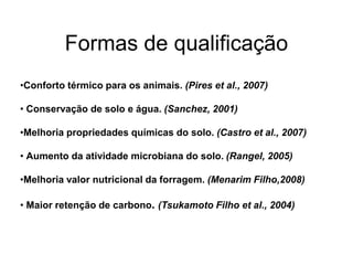 Formas de qualificação 
•Conforto térmico para os animais. (Pires et al., 2007) 
• Conservação de solo e água. (Sanchez, 2001) 
•Melhoria propriedades químicas do solo. (Castro et al., 2007) 
• Aumento da atividade microbiana do solo. (Rangel, 2005) 
•Melhoria valor nutricional da forragem. (Menarim Filho,2008) 
• Maior retenção de carbono. (Tsukamoto Filho et al., 2004) 
 