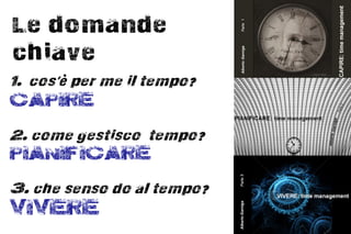 Le domande
chiave
1. cos'è per me il tempo?
CAPIRE
2. come gestisco tempo?
PIANIFICARE
3. che senso do al tempo?
VIVERE
 