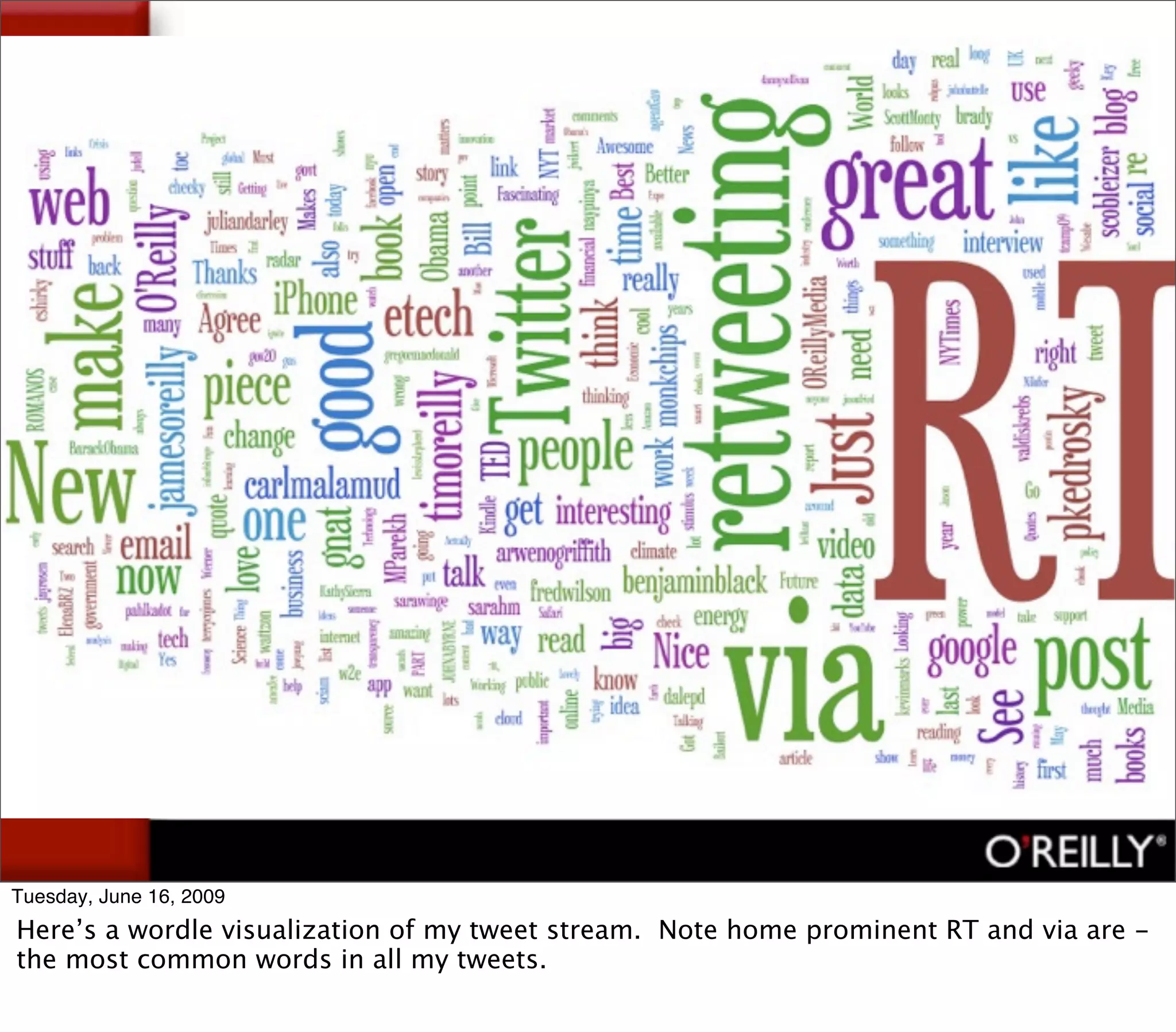 retweetradar




Tuesday, June 16, 2009
Here’s a wordle visualization of my tweet stream. Note home prominent RT and via are -
the most common words in all my tweets.
 