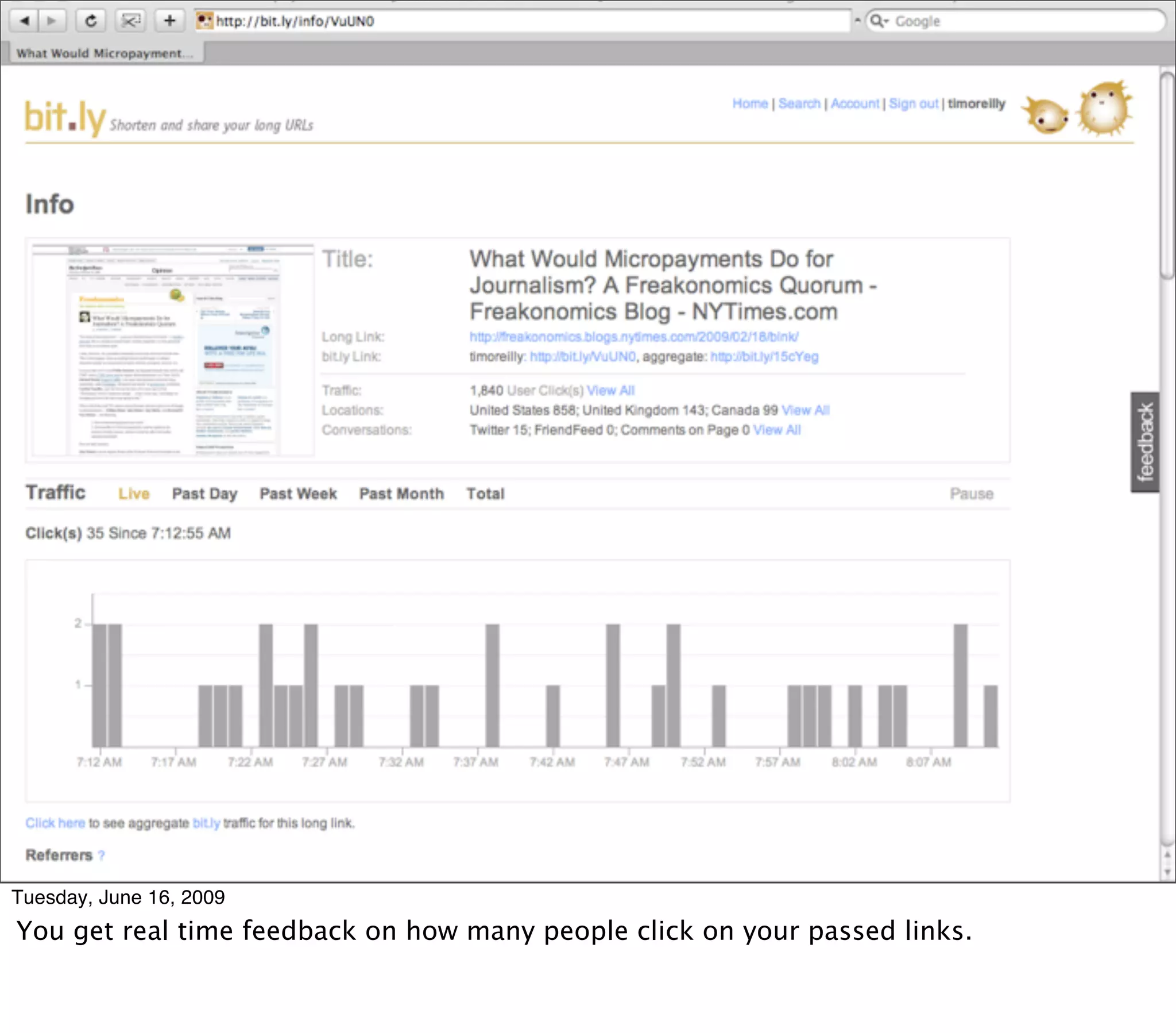 bit.ly and the power of instant
                     tracking




Tuesday, June 16, 2009
You get real time feedback on how many people click on your passed links.
 