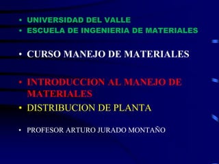 • UNIVERSIDAD DEL VALLE
• ESCUELA DE INGENIERIA DE MATERIALES
• CURSO MANEJO DE MATERIALES
• INTRODUCCION AL MANEJO DE
MATERIALES
• DISTRIBUCION DE PLANTA
• PROFESOR ARTURO JURADO MONTAÑO
 