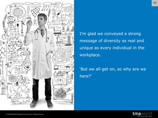 11

I’m glad we conveyed a strong
message of diversity as real and

unique as every individual in the
workplace.
‘But we all get on, so why are we
here?’

© Transnational Management Associates Ltd. All Rights Reserved.

 