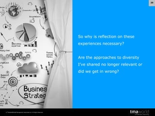 20

So why is reflection on these
experiences necessary?
Are the approaches to diversity
I’ve shared no longer relevant or

did we get in wrong?

© Transnational Management Associates Ltd. All Rights Reserved.

 