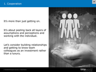 1. Cooperation

It’s more than just getting on.

It’s about peeling back all layers of
assumptions and perceptions and
working with the individual.

Let’s consider building relationships
and getting to know team
colleagues as an investment rather
than a luxury.

© Transnational Management Associates Ltd. All Rights Reserved.

26

 