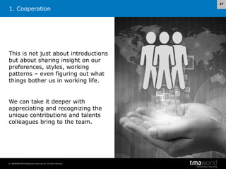 1. Cooperation

This is not just about introductions
but about sharing insight on our
preferences, styles, working
patterns – even figuring out what
things bother us in working life.

We can take it deeper with
appreciating and recognizing the
unique contributions and talents
colleagues bring to the team.

© Transnational Management Associates Ltd. All Rights Reserved.

27

 