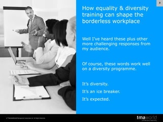 3

How equality & diversity
training can shape the
borderless workplace
Well I’ve heard these plus other
more challenging responses from
my audience.

Of course, these words work well
on a diversity programme.

It’s diversity.
It’s an ice breaker.
It’s expected.

© Transnational Management Associates Ltd. All Rights Reserved.

 