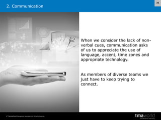 31

2. Communication

When we consider the lack of nonverbal cues, communication asks
of us to appreciate the use of
language, accent, time zones and
appropriate technology.

As members of diverse teams we
just have to keep trying to
connect.

© Transnational Management Associates Ltd. All Rights Reserved.

 