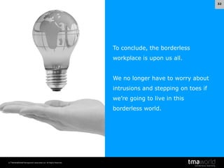 32

To conclude, the borderless
workplace is upon us all.
We no longer have to worry about
intrusions and stepping on toes if
we’re going to live in this
borderless world.

© Transnational Management Associates Ltd. All Rights Reserved.

 